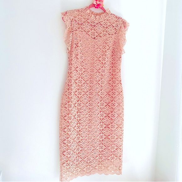 💕Beautiful Blush Pink Lace Midi Dress SZ M (8) - Picture 6 of 13